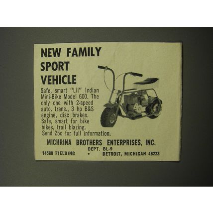 1967 Michrina Brothers Lil Indian Mini Bike Model 600 Ad - New family sport