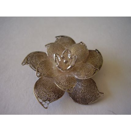 925 Brooch Lace Filigree Flower Solid Sterling Silver 1950's Vintage Corsage Pin