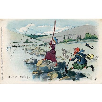 Salmon Fishing Lady Fisherman Comic Old Postcard With Fault
