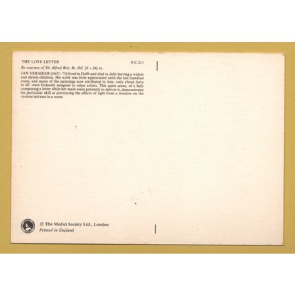 The Love Letter - Jan Vermeer - Postally Unused - The Medici Society Postcard.