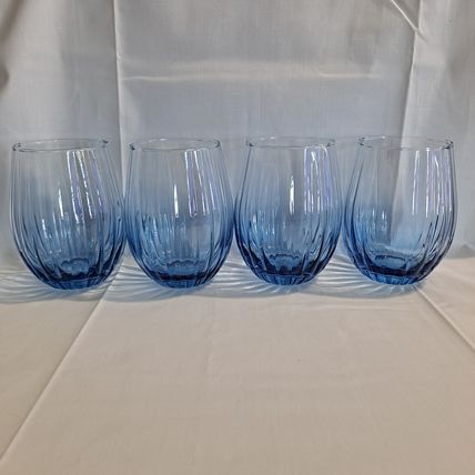 RIBBED BLUE Stemless Wine Glasses Cocktail Water Juice Tumblers Goblet Drink