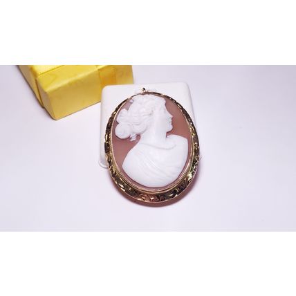Vintage Victorian Lady profile Shell Cameo Etched frame 14Kt YG Pend/Brooch22071