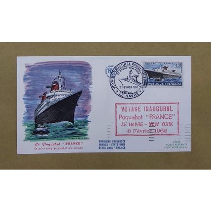 SC002 RARE FRANCE VOYAGE INAUGURAL PAQUEBOT SOUVENIR COVER 1962 TO US NEW YORK