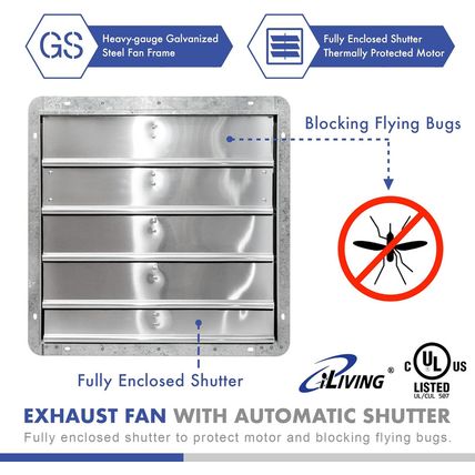 Iliving 20" Wall Mounted Shutter Exhaust Fan, Automatic Shutter, with Thermostat