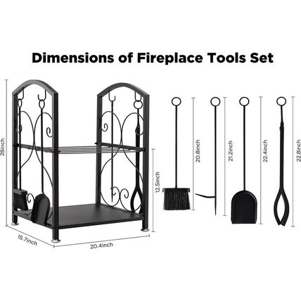 Sunolga Firewood Rack Indoor, 5-Piece Fireplace Tools Set 28 Inches Tall Firewoo