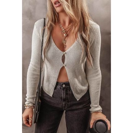 Parchment Slim Fit Buttoned V Neck Knit Cardigan
