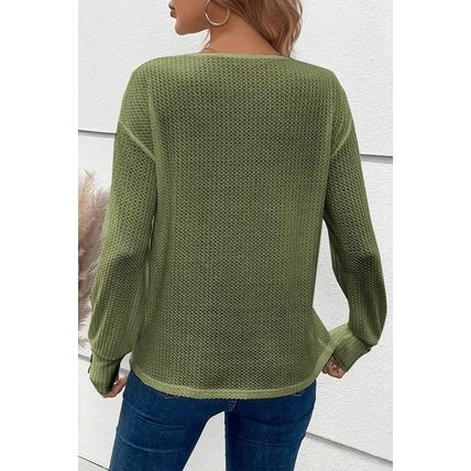 Jungle Green Textured Knit V Neck Button Cuffs Long Sleeve Top