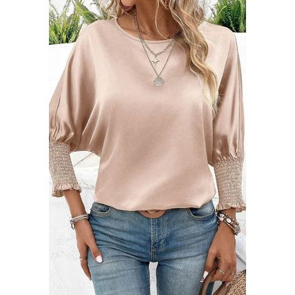 Smoke Gray Shirred Dolman Sleeve Satin Blouse