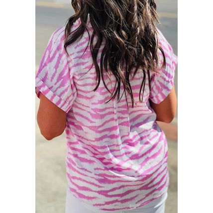 Rose Zebra Pattern V Neck Short Sleeve Blouse