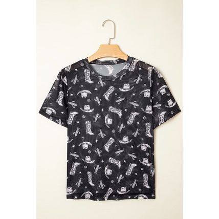 Black Western Pattern Mesh Sheer Crew Neck T Shirt