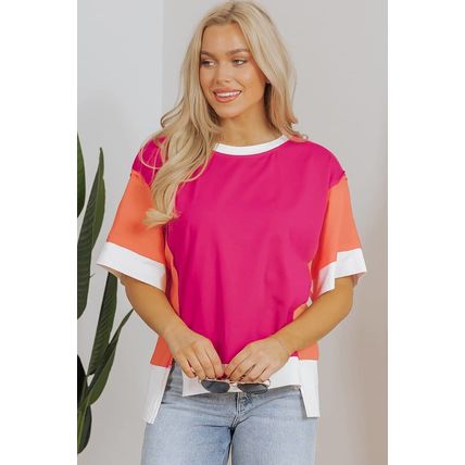 Rose Red Color Block Patchwork Side Slits Loose Fit T Shirt