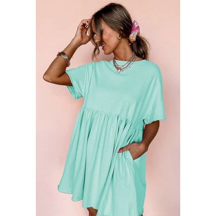 Moonlight Jade Solid Color Pocketed Raw Edge Babydoll Dress