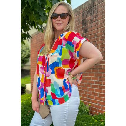 Colorful Brush Stroke Printed Plus Size Button Split Neck Blouse