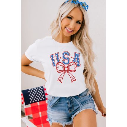 White USA Bow Letter Graphic Short Sleeve Top