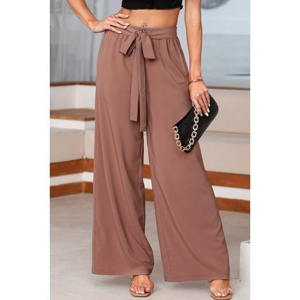 Coffee High Waisted Tie Front Side Pocket Wide Leg Flowy Casual Pants