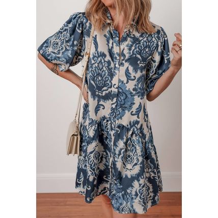 Blue Boho Floral Print Buttoned Collared Loose Fit Mini Dress