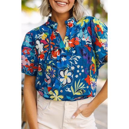 Blue Flower Print Collared V Neck Puff Short Sleeve Loose Blouse