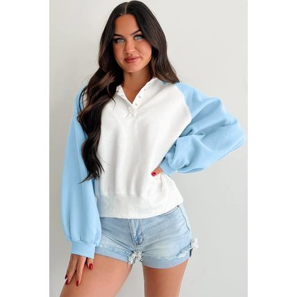 Beau Blue Colorblock Snap Buttons Pullover Sweatshirt