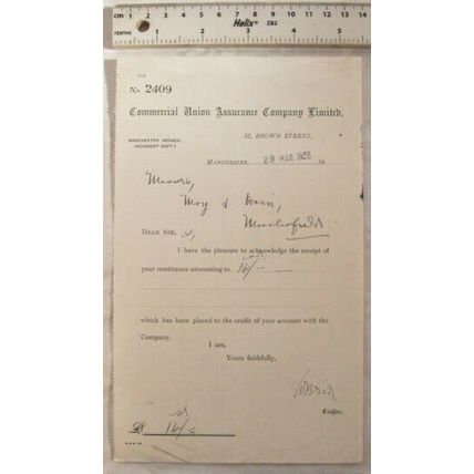 1935 letter Commecial Union Assurance, Manchester