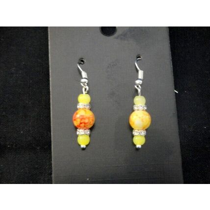 Delicate vibrant round red & yellow with clear rhinestone crystal glass earrings