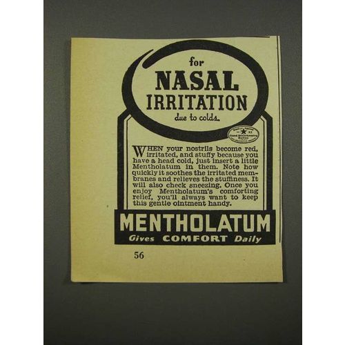 1940 Mentholatum Ointment Ad - For Nasal Irritation