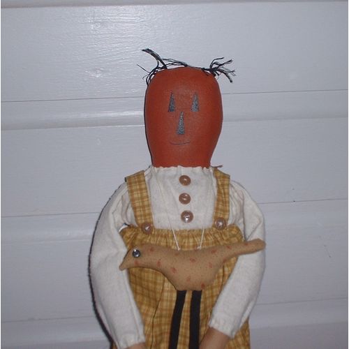 Handmade Painted Pumpkin Head Fabric Doll With Bird Necklace