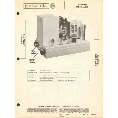 MCINTOSH models A-116 30 watt audio amplifier Sams Photofact manual