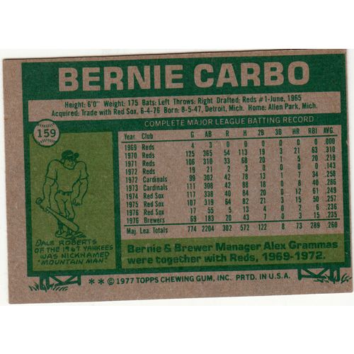 1977 Topps baseball card 159 Bernie Carbo - Brewers