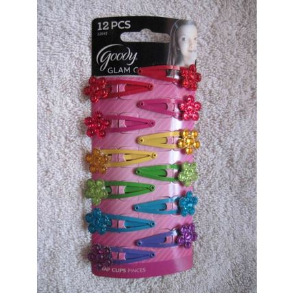 12 Goody Glam Girls Bright Painted Metal Snap Hair Clips Plastic Flower Gems