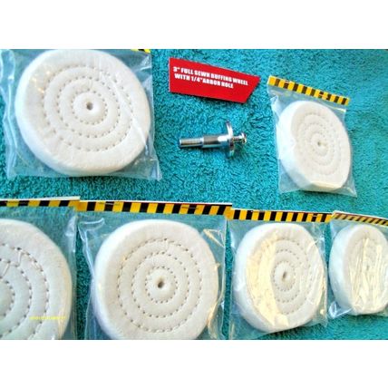 Six pc 3" Full Sewn Polishing Buffing Wheels w/ 1/4" Arbor also 1 Metal Mandrel