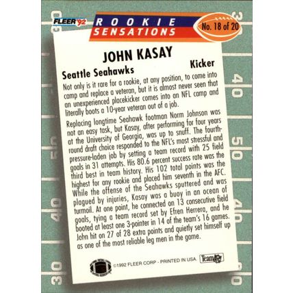 1992 Fleer Rookie Sensations John Kasay # 18 of 20