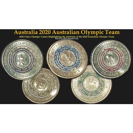 2020 Australian Olympic Team ~ Set of 5 x $2 Coloured Coin - Circulated