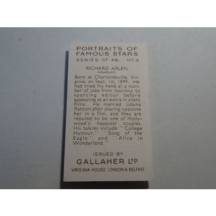 1935 Gallaher Portraits of Famous Stars Card # 09 of 48 Richard Arlen VG (3)