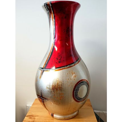 Beautiful Traditional Style Red and Silver Hand Painted Vase Flowers
