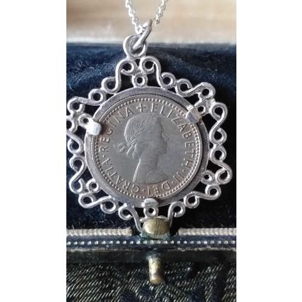 Antique Vintage 1958 Silver Queen Elizabeth II Coin Pendant on 18 inch Chain