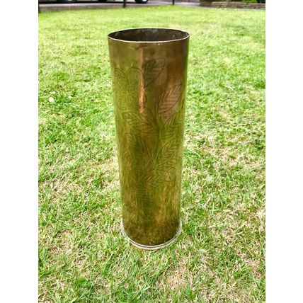 World War One trench Art vase brass shell has floral decoration dated 1916 1917