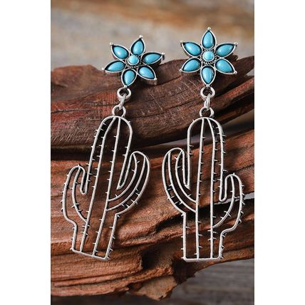 Silvery Western Turquoise Flower Cactus Dangle Earrings