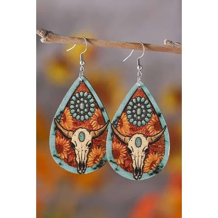 Chestnut Western Steer Head Print Wooden Drop Earrings
