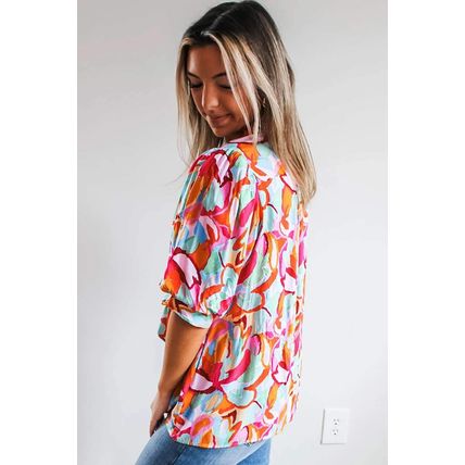 Rose Red Abstract Print Drawstring V Neck Half Sleeve Blouse