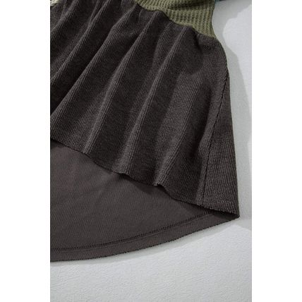 Laurel Green Mixed Textured Colorblock Patchwork Wide Sleeve Frayed High Low Hoo