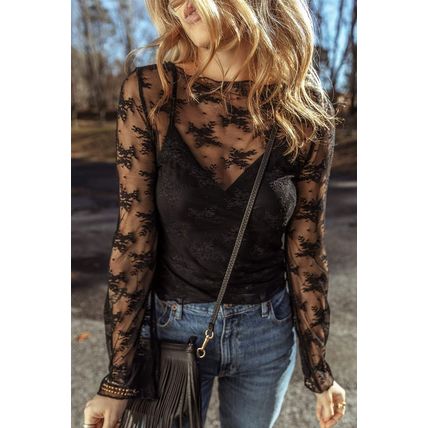 Black Lace Mesh Crochet Splicing Slim Fit Long Sleeve Blouse