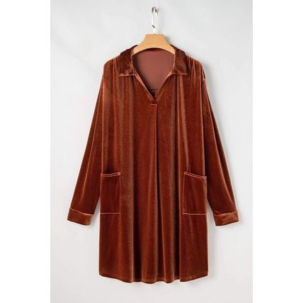 Coffee Plus Size V Neck Collared Pleated Back Rounded Hem Velvet Dress