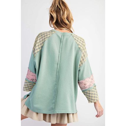 Clearly Aqua Plaid Floral Peace Heart Graphic Wide Long Sleeve Top