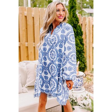 Blue Boho Floral Embroidered Notch V Neck Shift Mini Dress