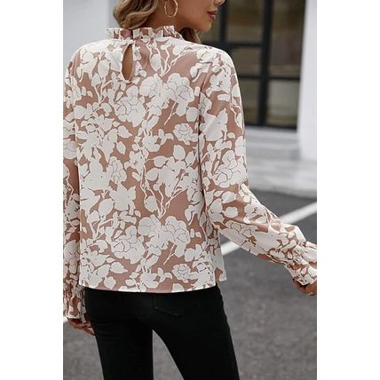 Flaxen Floral Print Frilled Neckline Flounce Sleeve Blouse