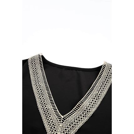 Black Lace Trim V Neck Short Sleeve Blouse