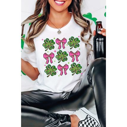 White St Patrick Shamrock Bowknot Printed Crewneck Tee