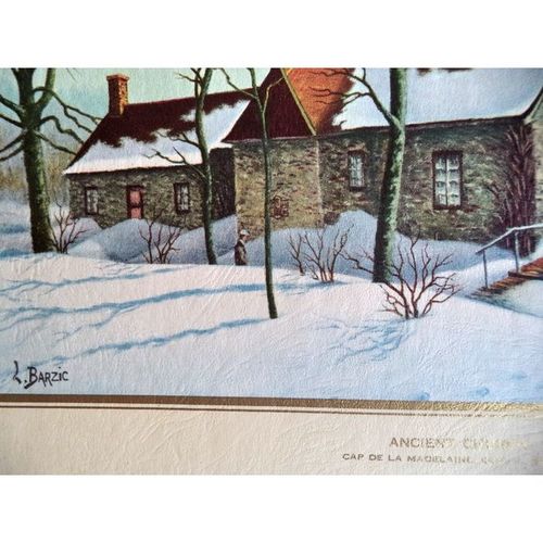 L BARZIC antique Lithograph Church Cape de la Madelaine Historic painting Quebec