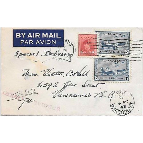 Canada Special Delivery War Combo 1946 Air Mail Pair to Vancouver BC RCAF