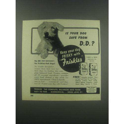 1946 Friskies Dog Food Ad - Is your dog safe from D.D.?
